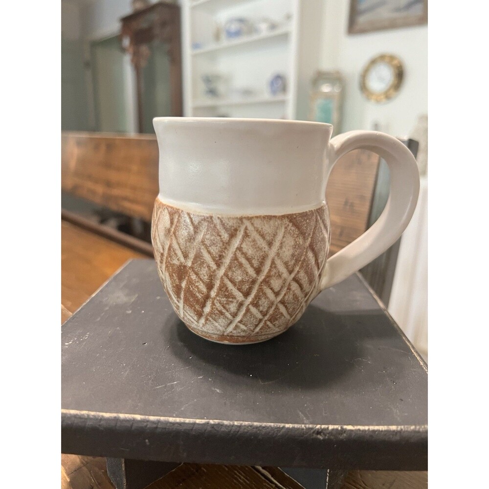 Handmade Studio Pottery Mug , 9 oz, Comfort Handle, Stamped , Boho, Cabincore
